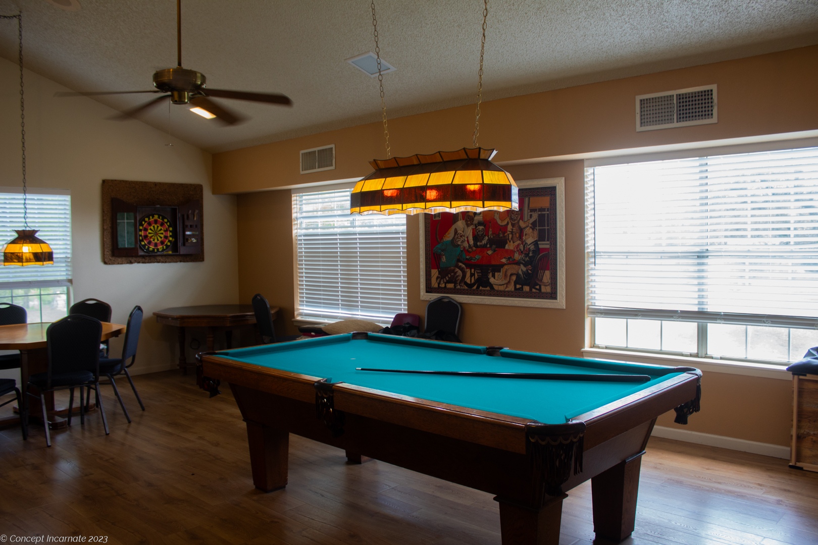 Pool table with overhead antique light